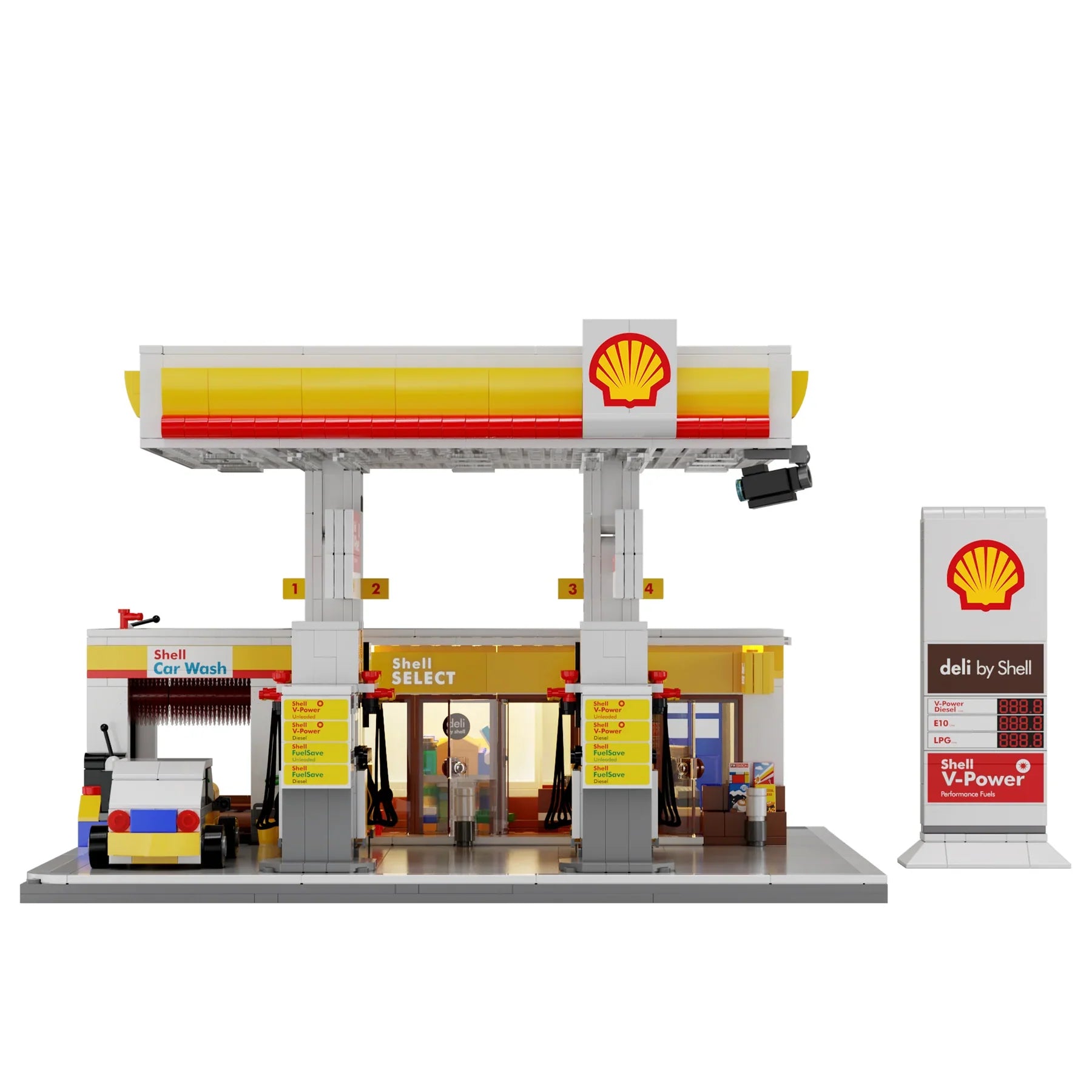 CaDA Shell Retail Stations Brick Model Kits (Set of 4) Service Station, Pumps, Shop, Car Wash