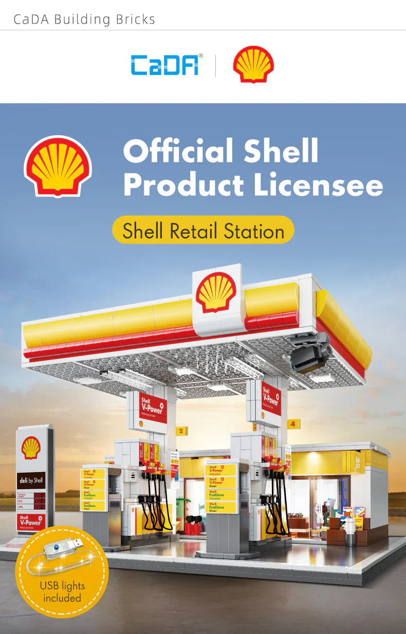 CaDA Shell Retail Stations Brick Model Kits (Set of 4) Service Station, Pumps, Shop, Car Wash