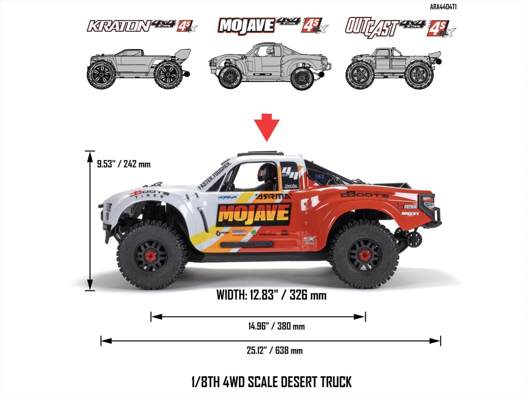 1/8 Mojave 4x4 4S BLX Centre Diff Desert Truck RTR, Blue C-ARA4404T2