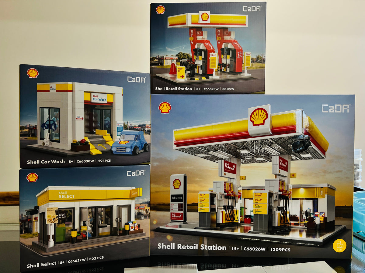 CaDA Shell Retail Stations Brick Model Kits (Set of 4) Service Station, Pumps, Shop, Car Wash
