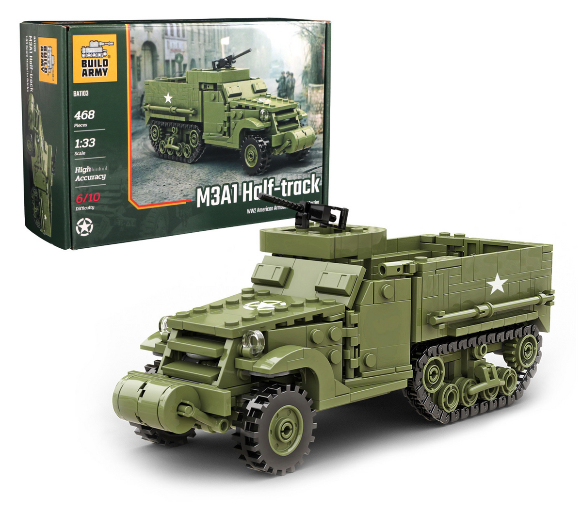 Build Army WW2 M3A1 Half-Track APC - American Armoured Personnel Carrier - 1:33 Scale 468 Pieces - BA1103
