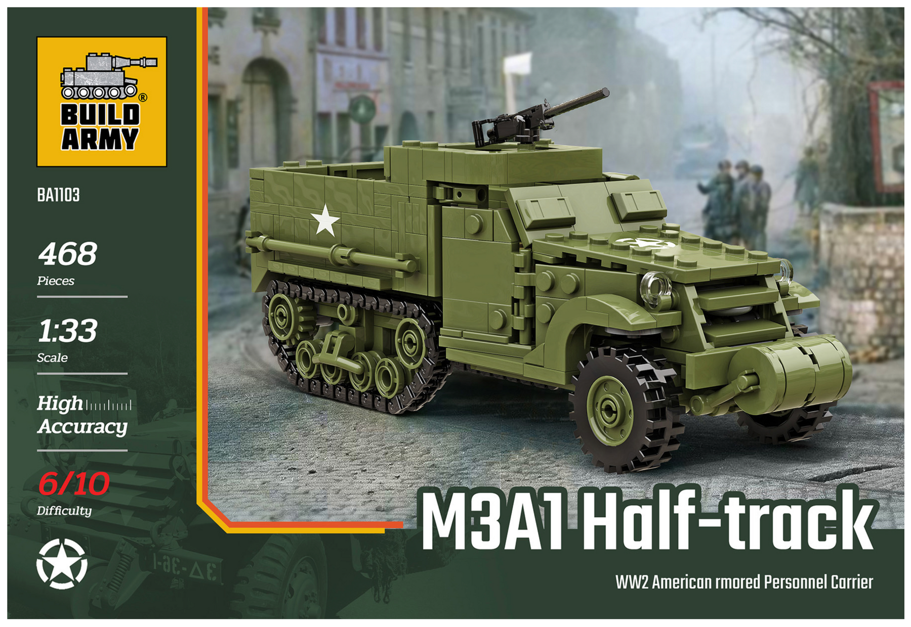 Build Army WW2 M3A1 Half-Track APC - American Armoured Personnel Carrier - 1:33 Scale 468 Pieces - BA1103