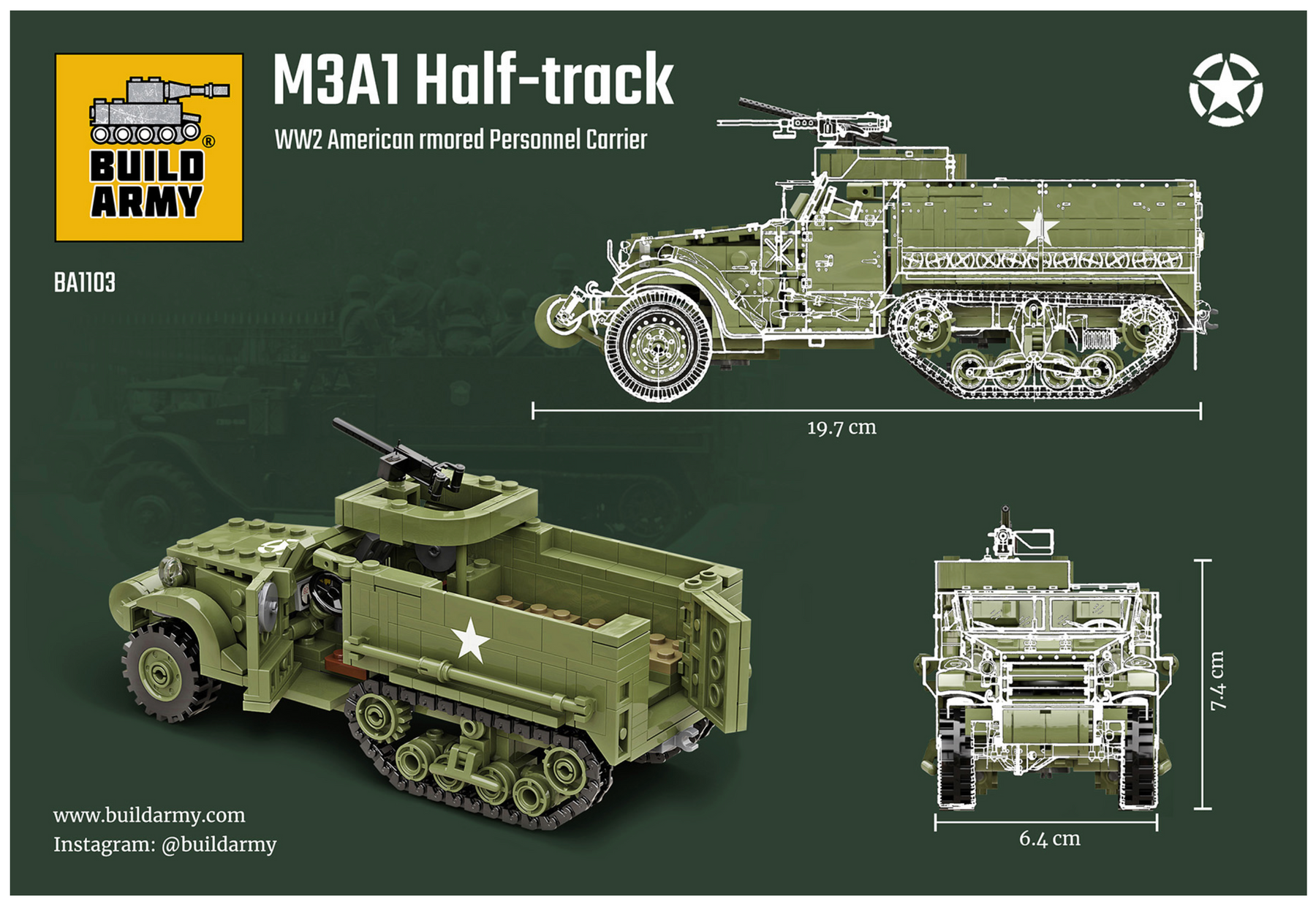 Build Army WW2 M3A1 Half-Track APC - American Armoured Personnel Carrier - 1:33 Scale 468 Pieces - BA1103